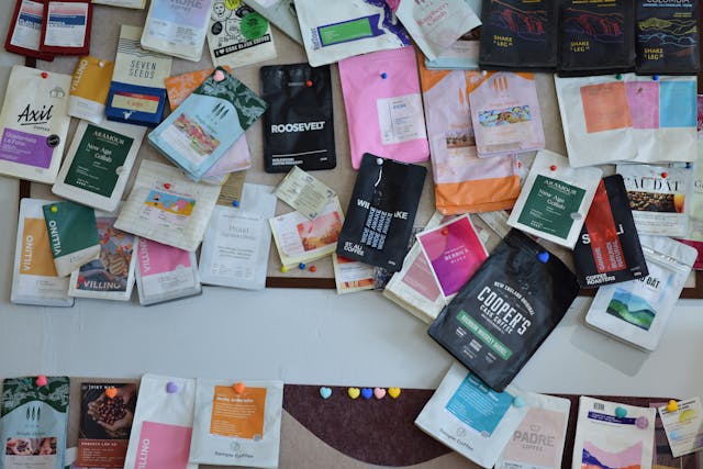 assorted specialty coffee packaging display